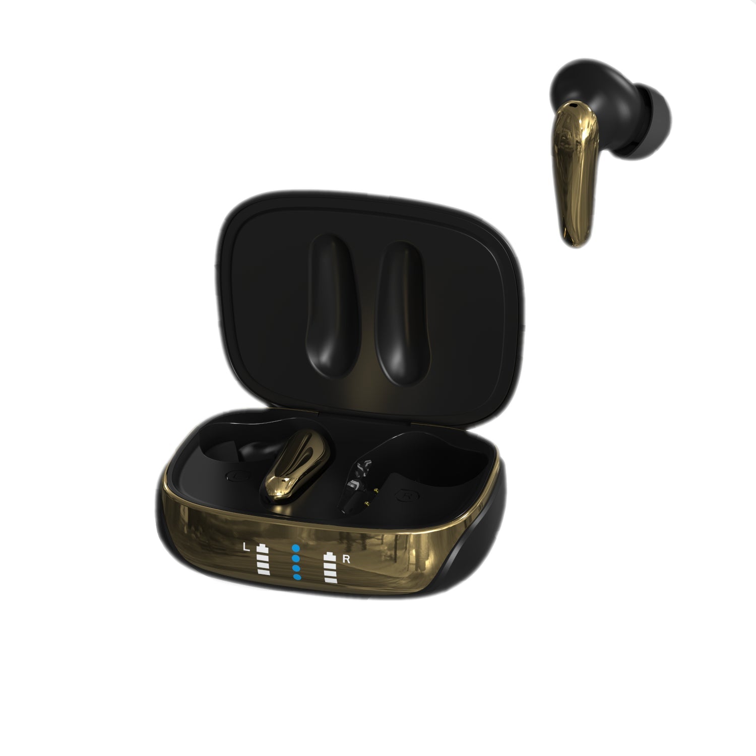 Black and gold wireless earbuds with charging case on a white background