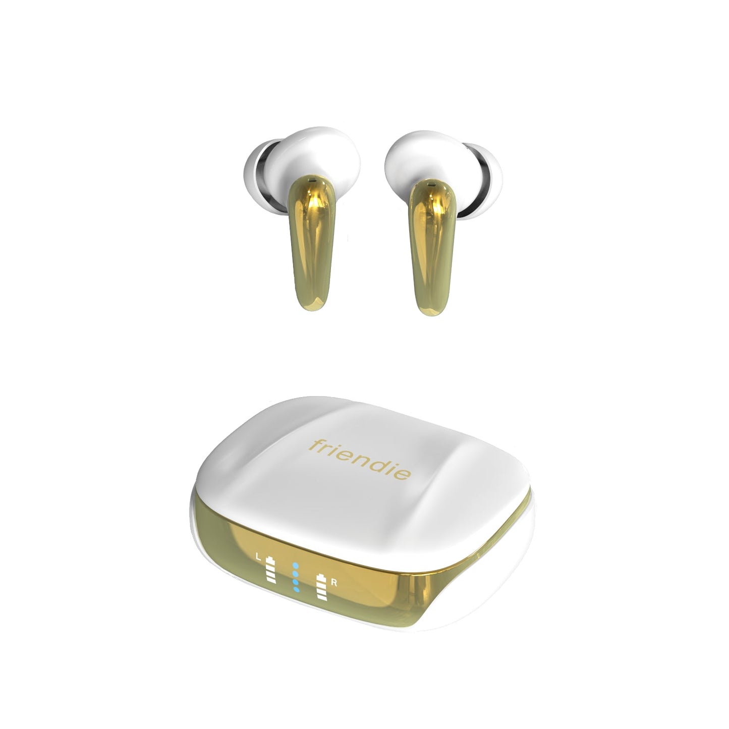 True wireless earbuds with charging case on a white background, featuring the brand 'friendie'.