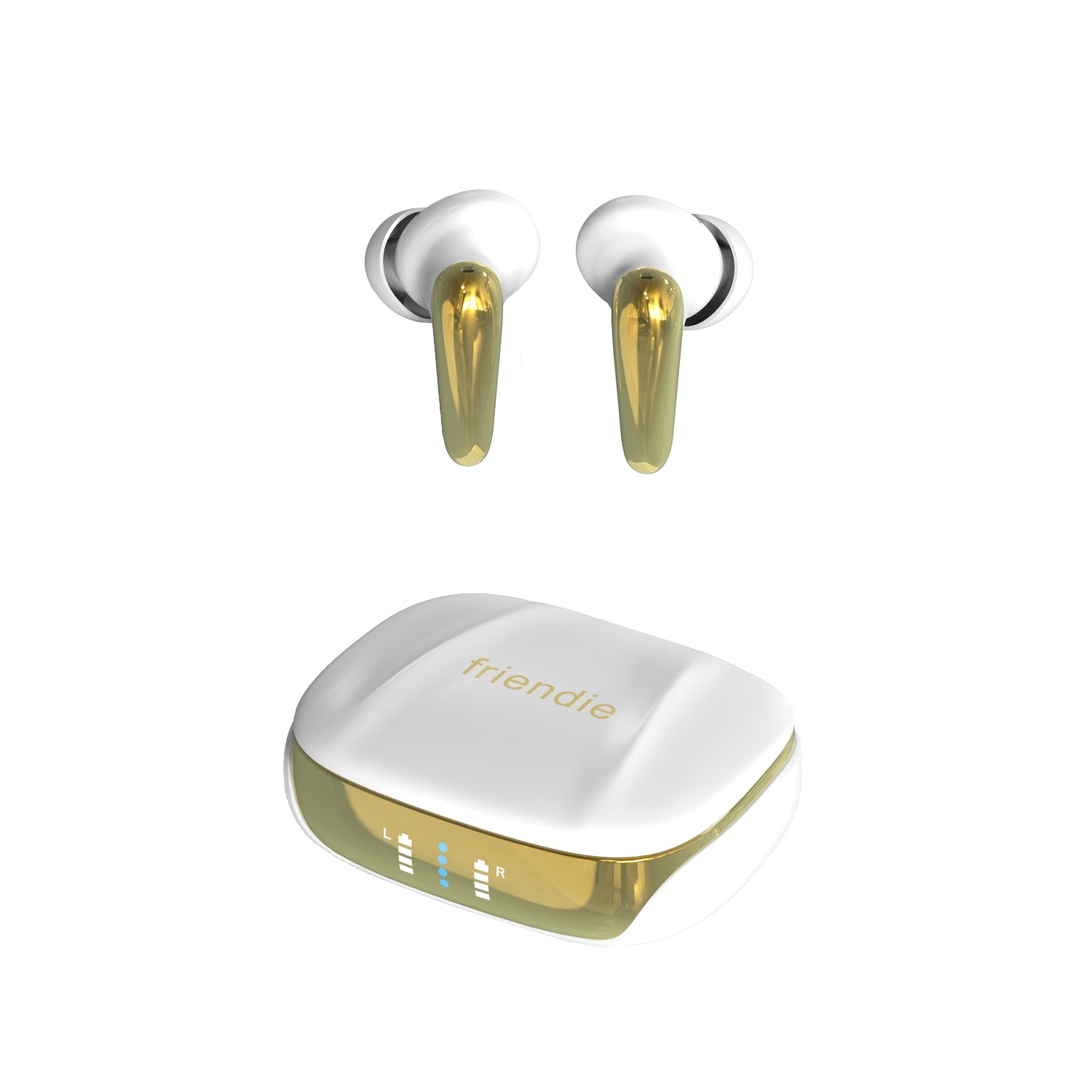 True wireless earbuds with charging case on a white background, featuring the brand 'friendie'.