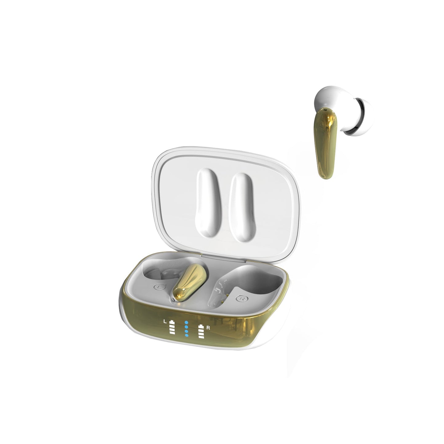 Gold hearing aid with open case on a white background