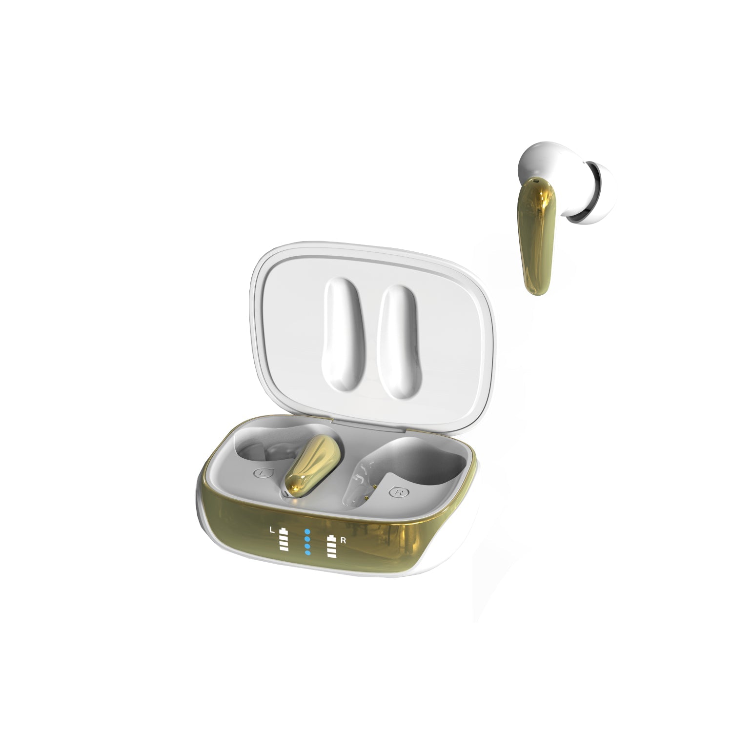 Gold hearing aid with open case on a white background