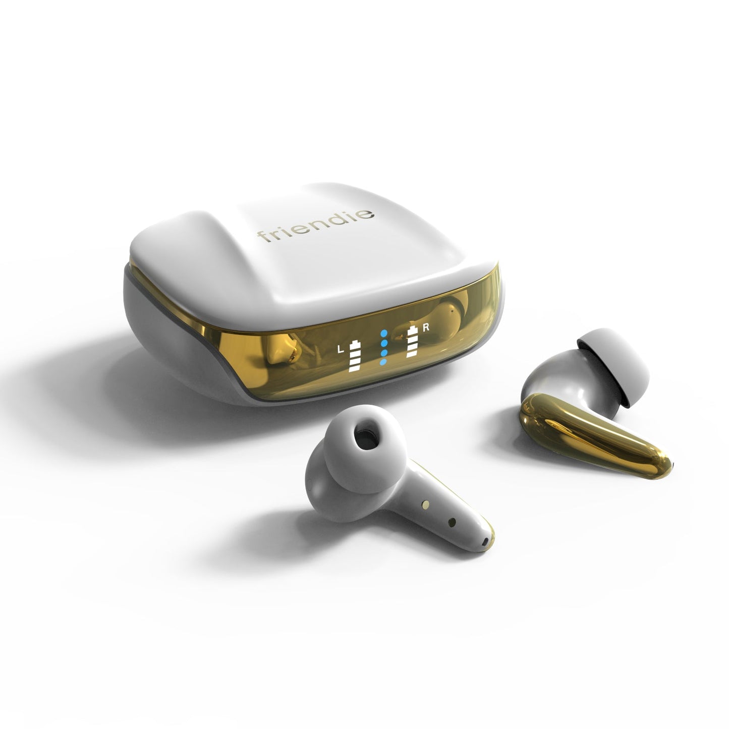 Wireless earbuds with charging case on a white background