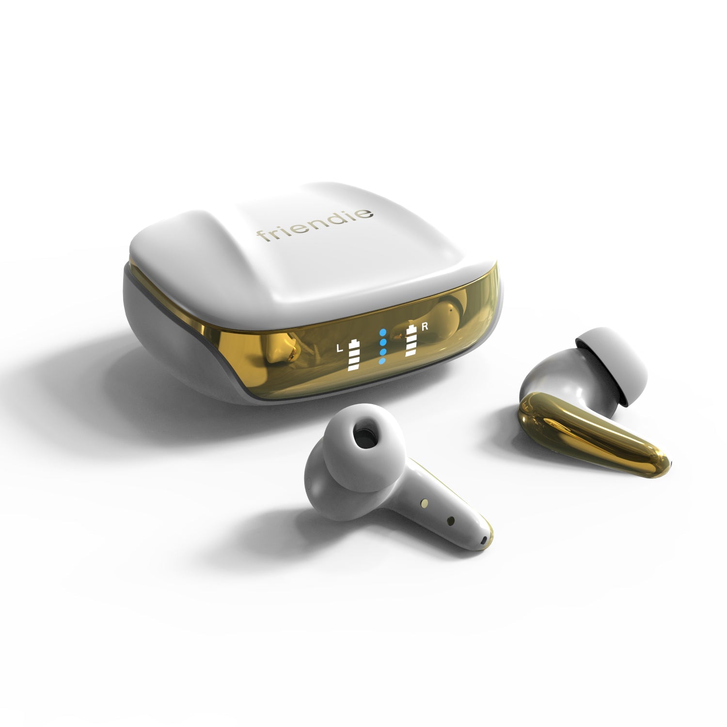 Wireless earbuds with charging case on a white background