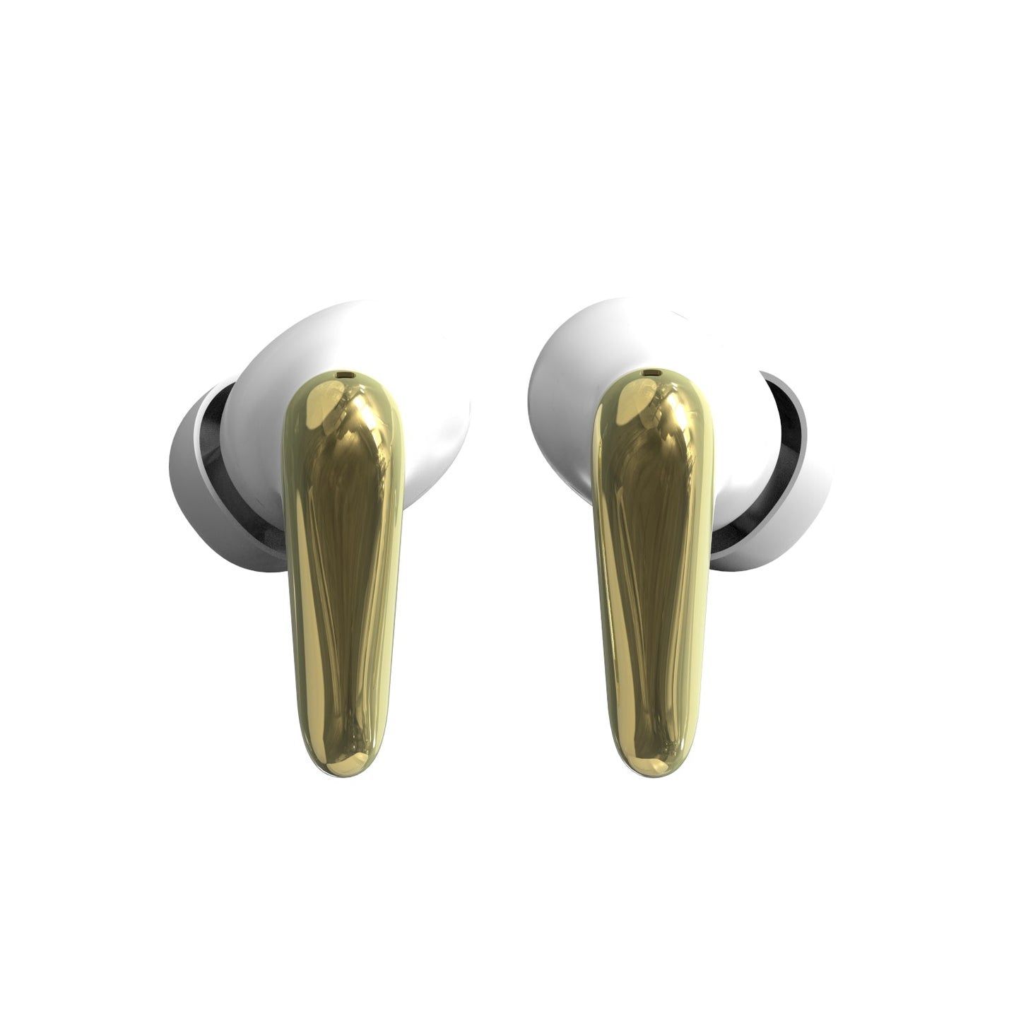 White wireless earbuds with gold accents on a white background