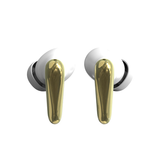 White wireless earbuds with gold accents on a white background