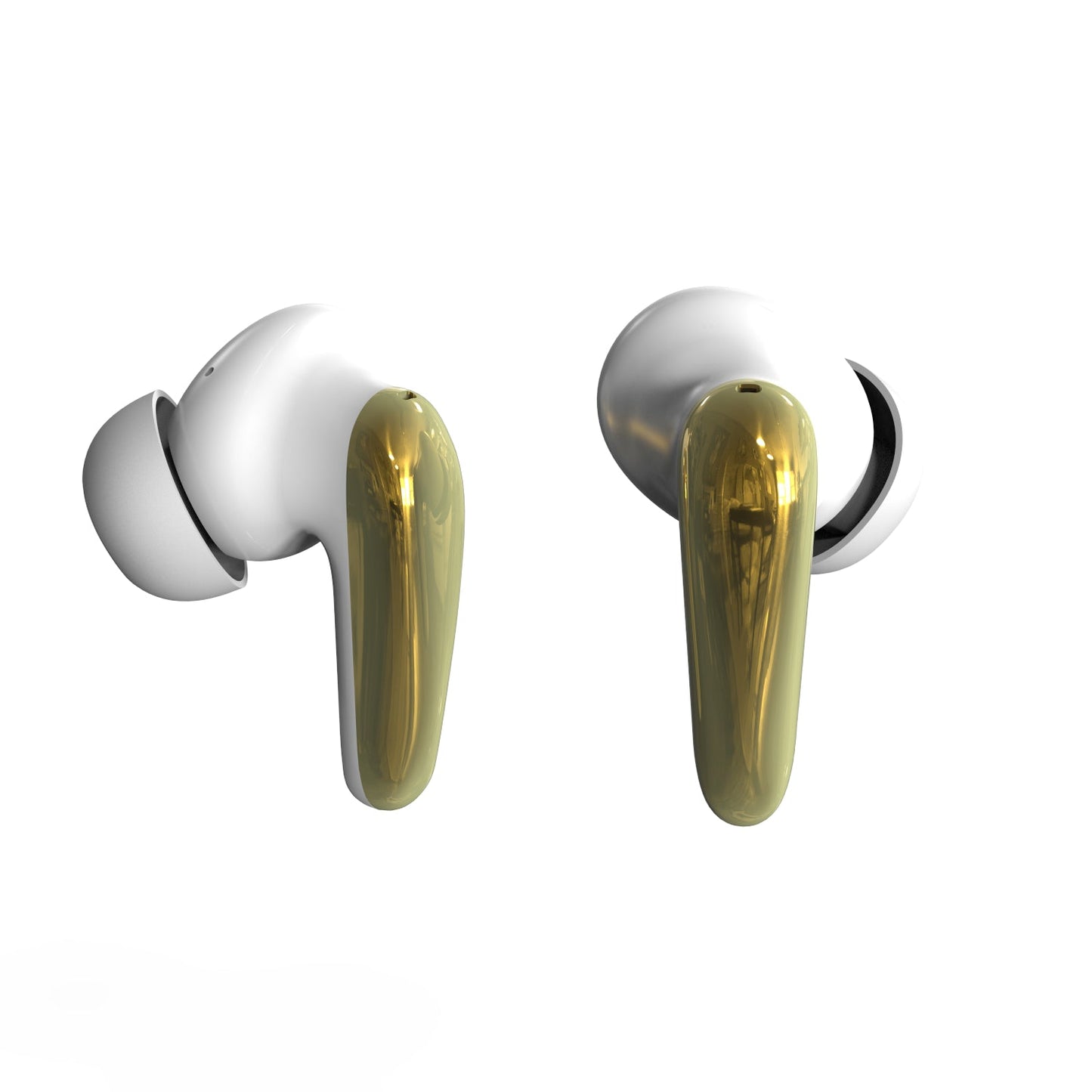 White and gold earbuds on a white background