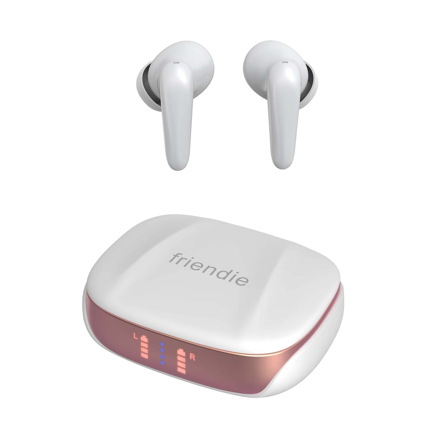 White wireless earbuds with charging case on a white background, featuring the brand 'friendie'.