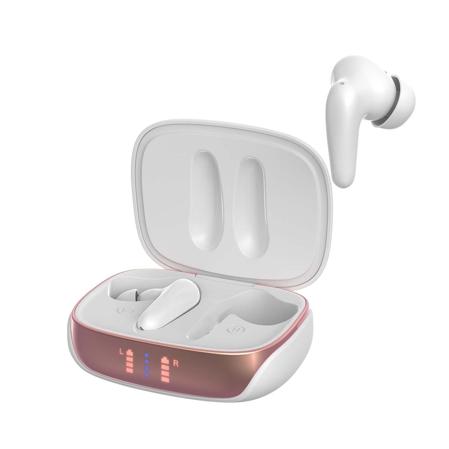 Wireless earbuds with charging case on a white background