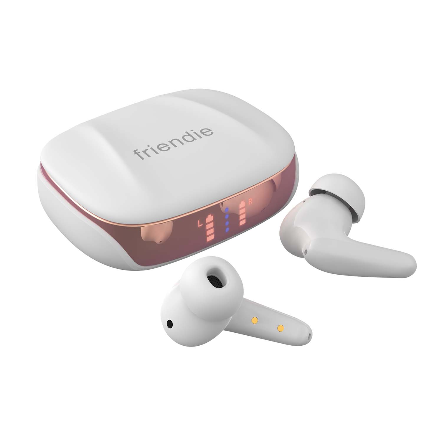 White wireless earbuds with charging case on a white background, branded 'friendly'.