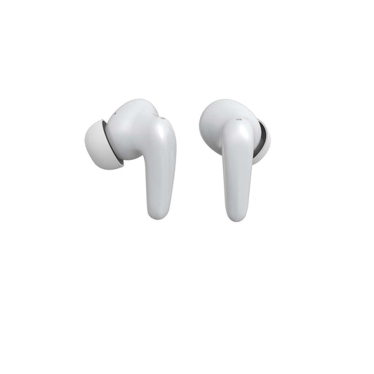 White wireless earbuds on a white background