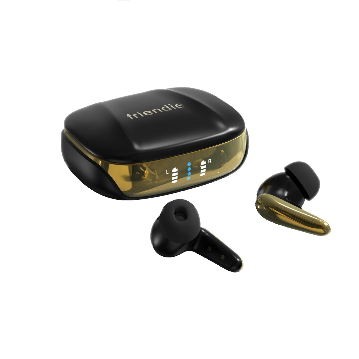 Black and gold wireless earbuds with charging case on a white background