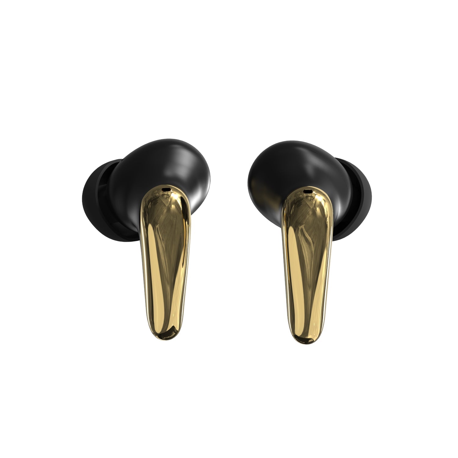 Black and gold wireless earbuds on a white background