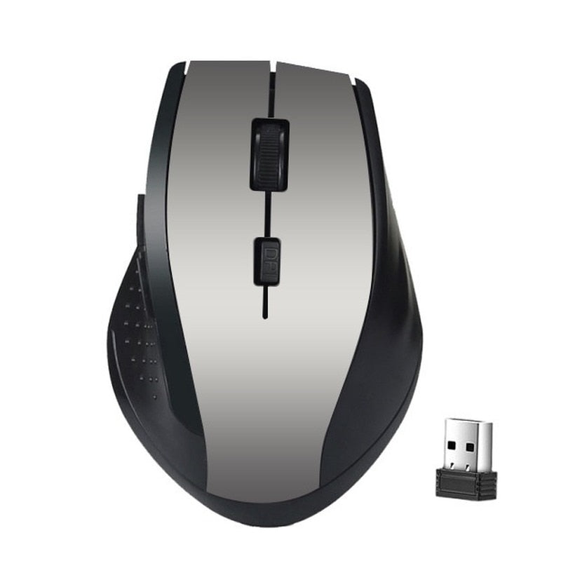 Black and silver computer mouse with USB receiver on a white background. Best electronics online store near me. Axis-Dynamics