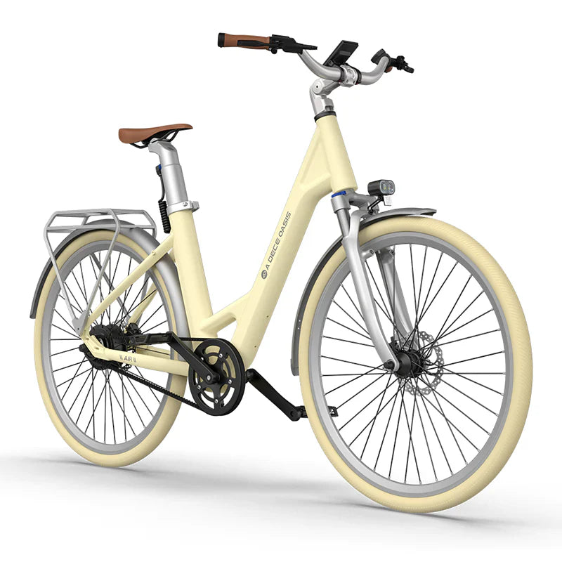Beige bicycle with brown seat on a white background