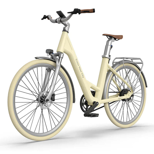 Beige bicycle with brown handlebars and seat on a white background