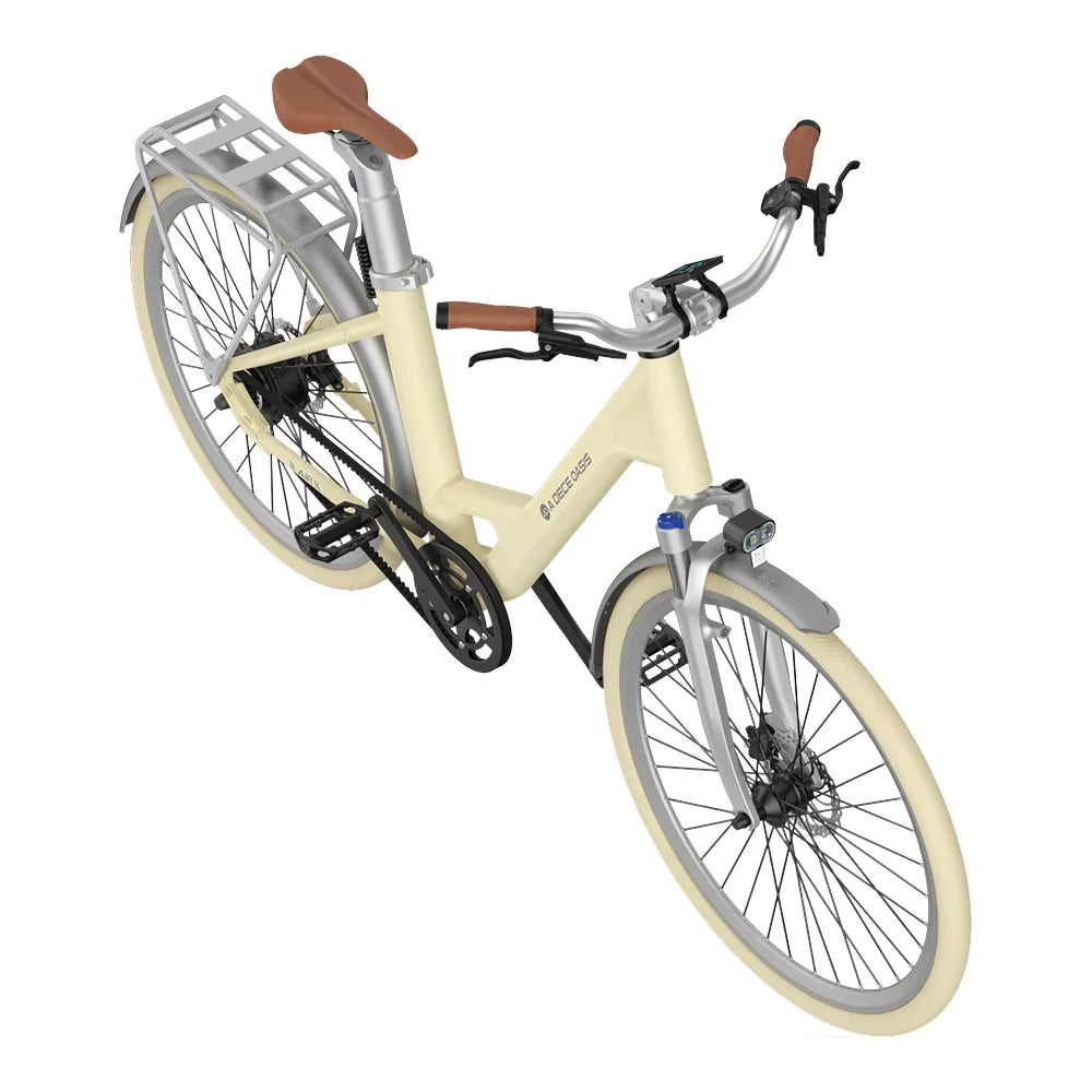 Beige bicycle with brown seat and handlebar grips on a white background