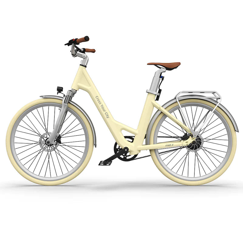 Beige bicycle with brown seat on a white background