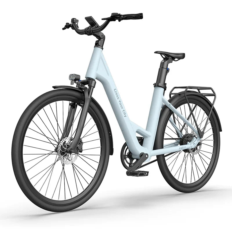 Light blue bicycle with black components on a white background