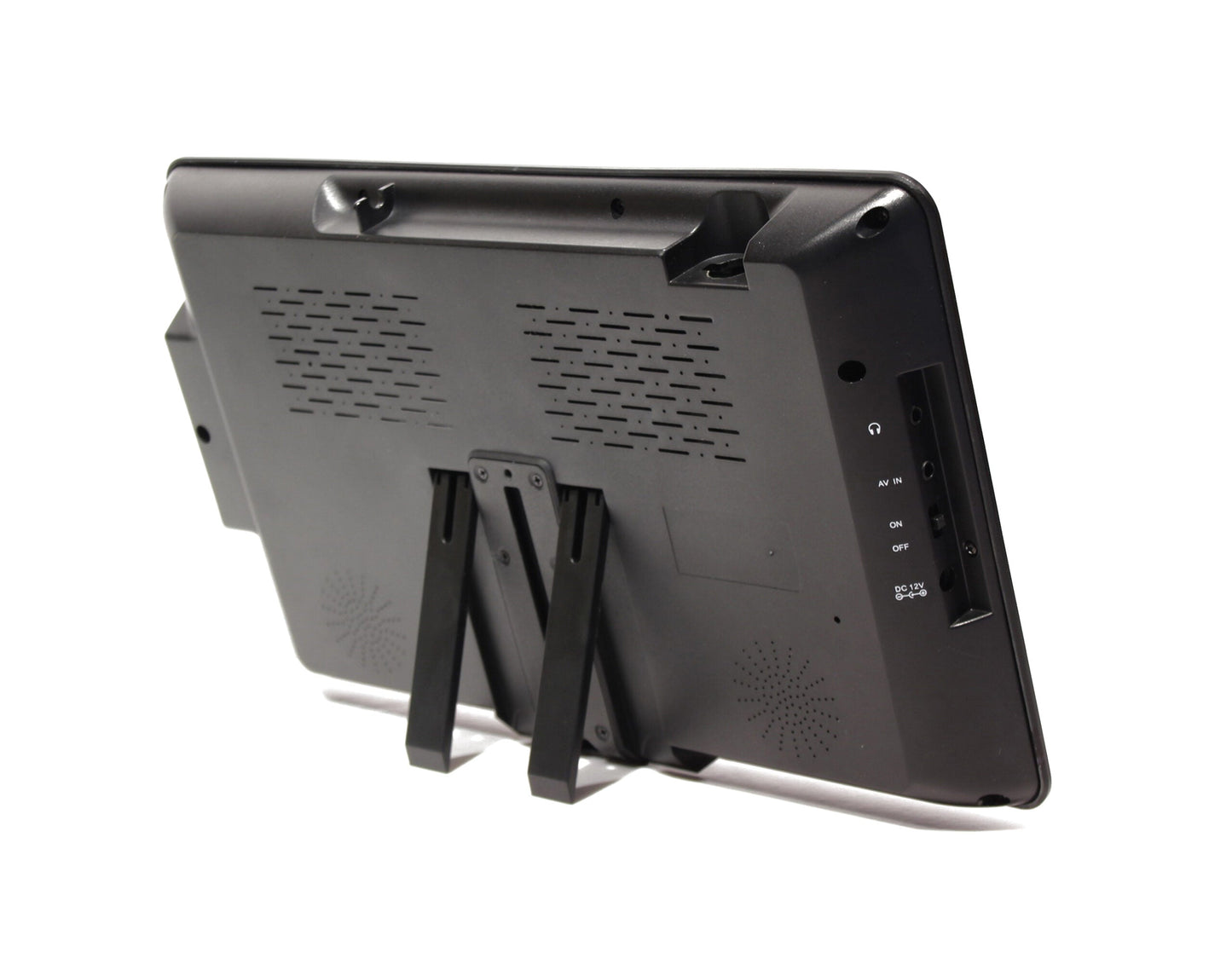 Back view of a tablet with stand on a white background