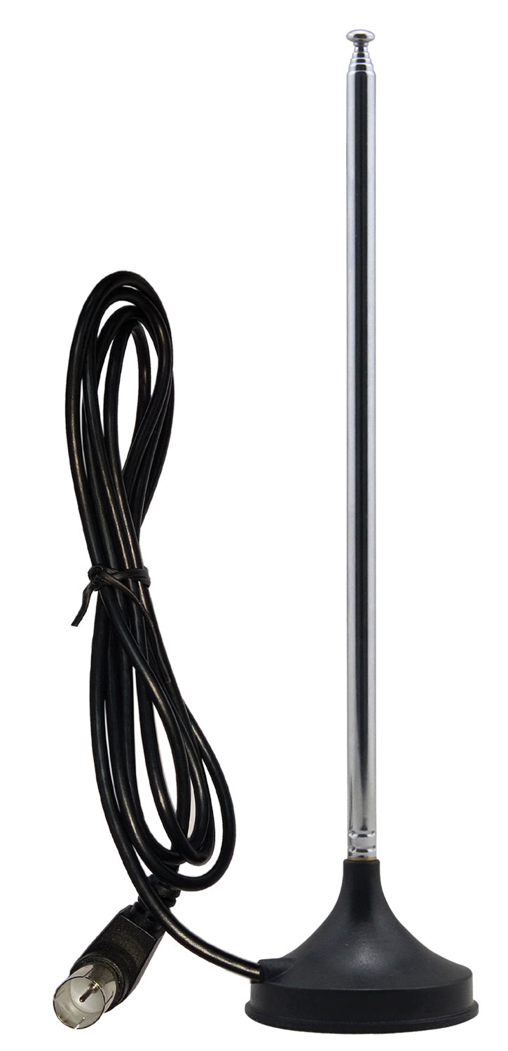 Black antenna with coiled cable on a white background