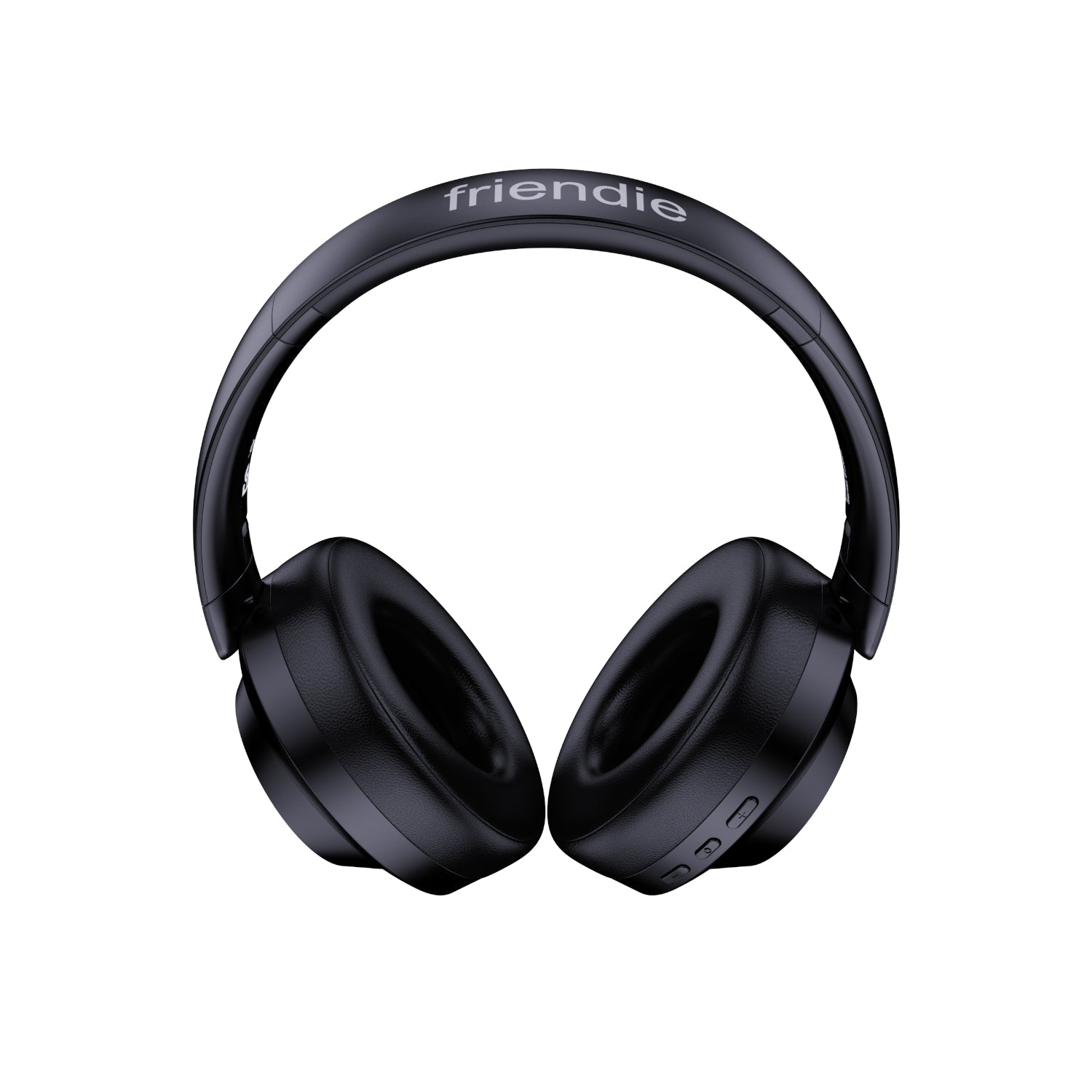 Black headphones with 'friendie' branding on a white background