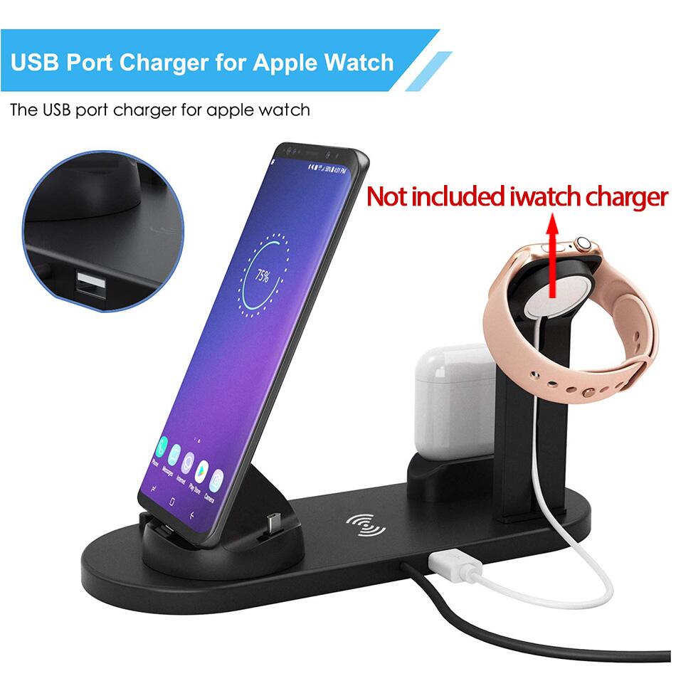Multi-device charging station with smartphone, smartwatch, and AirPods on a white background