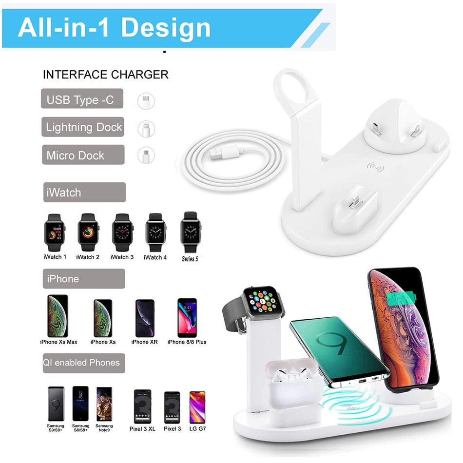 All-in-one charging station with multiple device connectors on a white background