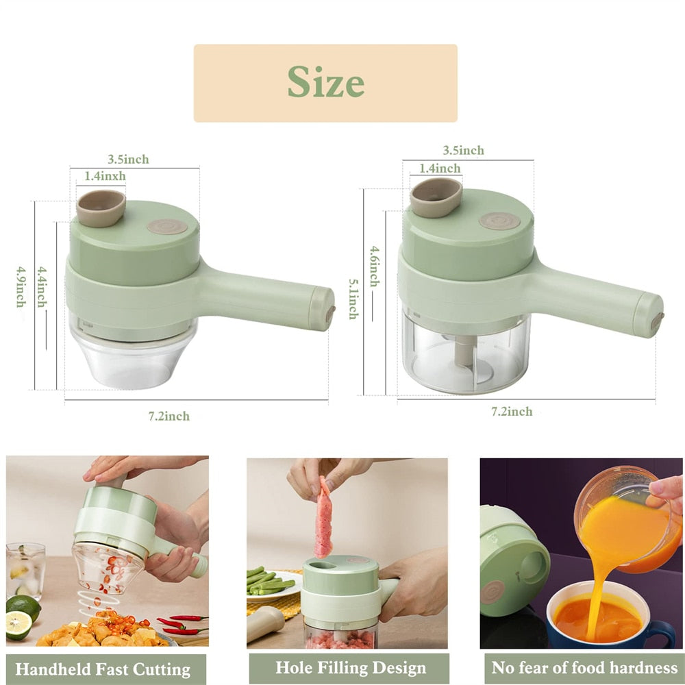Green handheld food chopper with measurements and usage examples on a white background