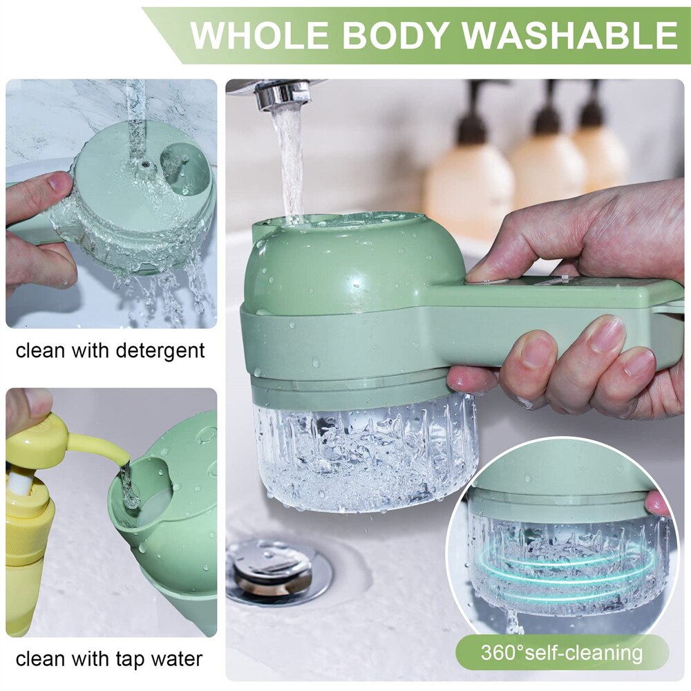 Green handheld showerhead being cleaned with detergent and tap water, labeled 'Whole Body Washable' and '360° self-cleaning'.