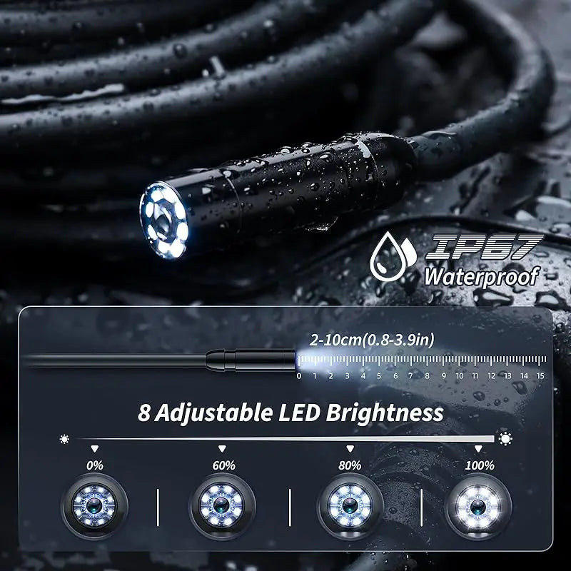 Black LED light with adjustable brightness on a dark background, featuring IP67 waterproof rating.
