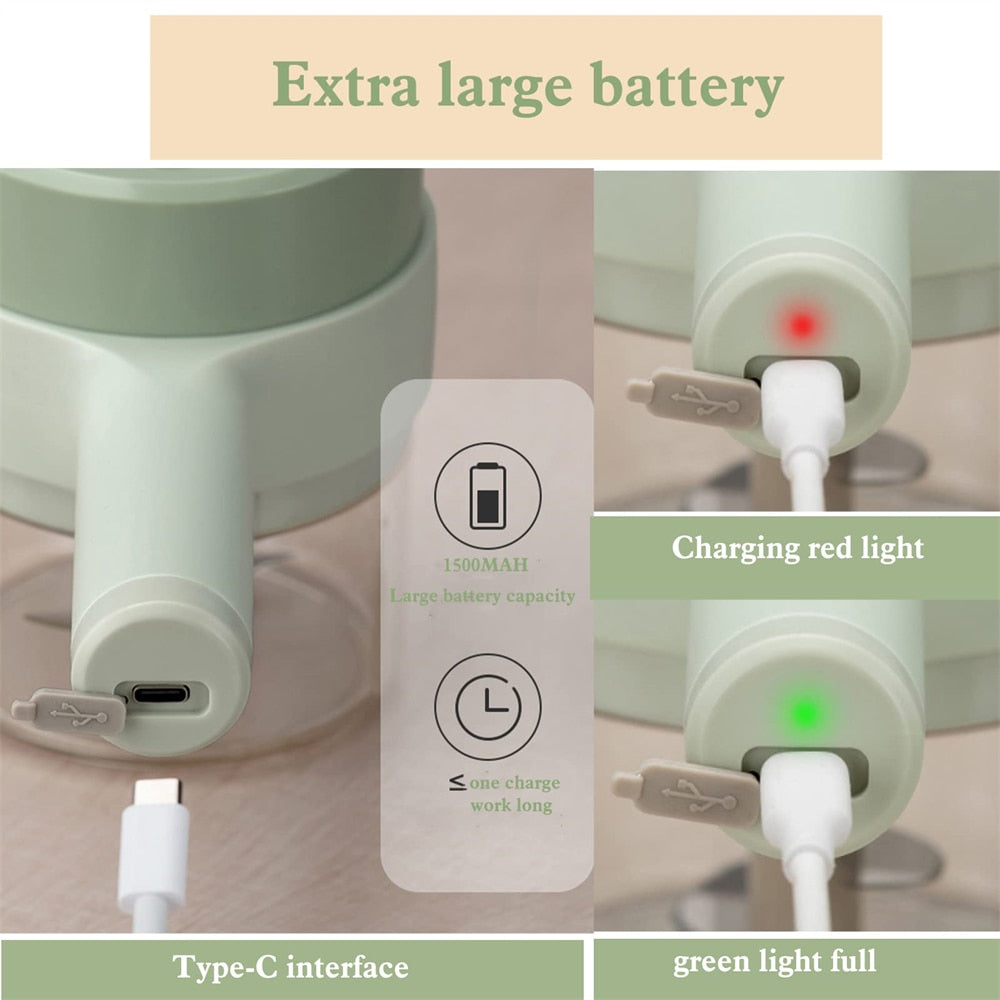 Electric kettle with charging cable, battery indicator, and text about extra large battery capacity.