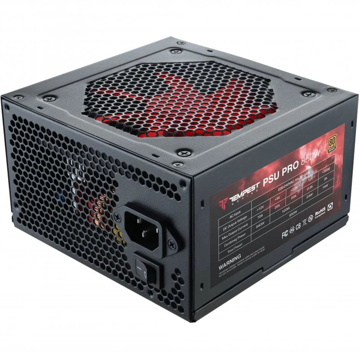 Computer power supply unit with red accents on a white background
