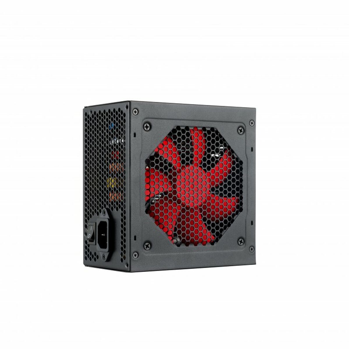 Computer power supply unit with red cooling fan on a white background