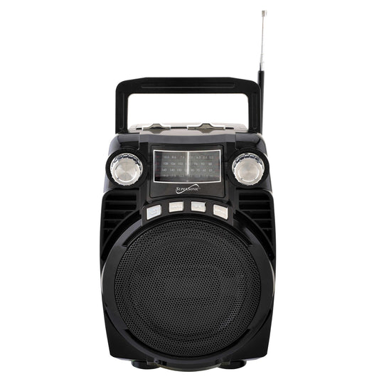 Black portable radio with speaker on a white background