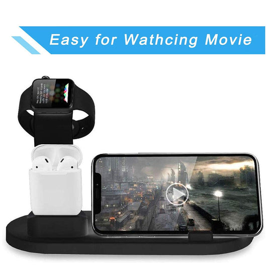 Smartphone, smartwatch, and wireless earbuds on a charging stand with 'Easy for Watching Movie' text.