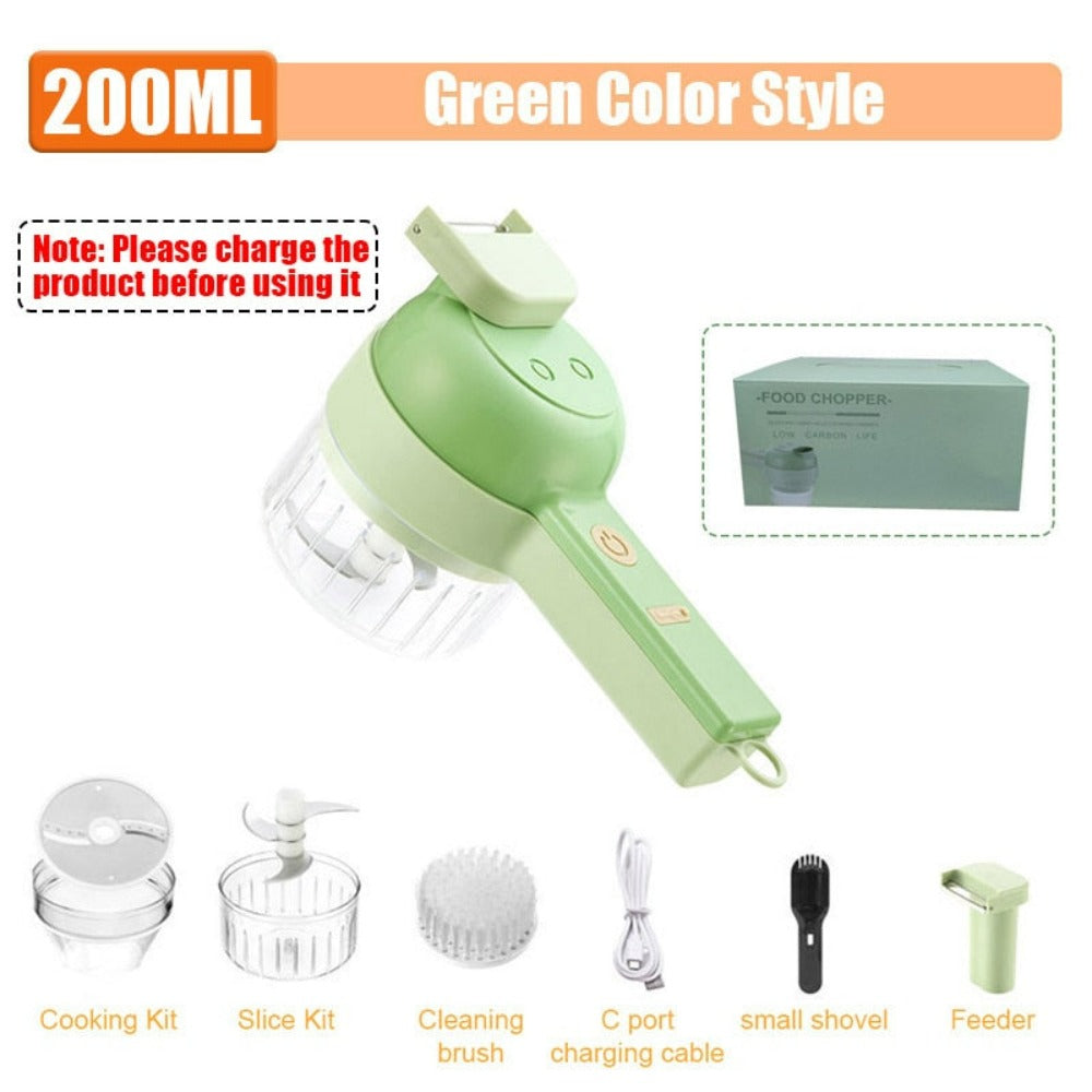 Green handheld food chopper with accessories on a white background