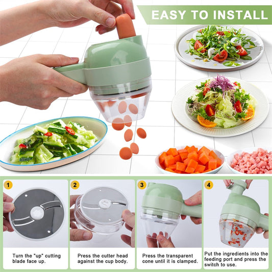 Vegetable chopper being used to chop carrots, with step-by-step instructions on how to use it.