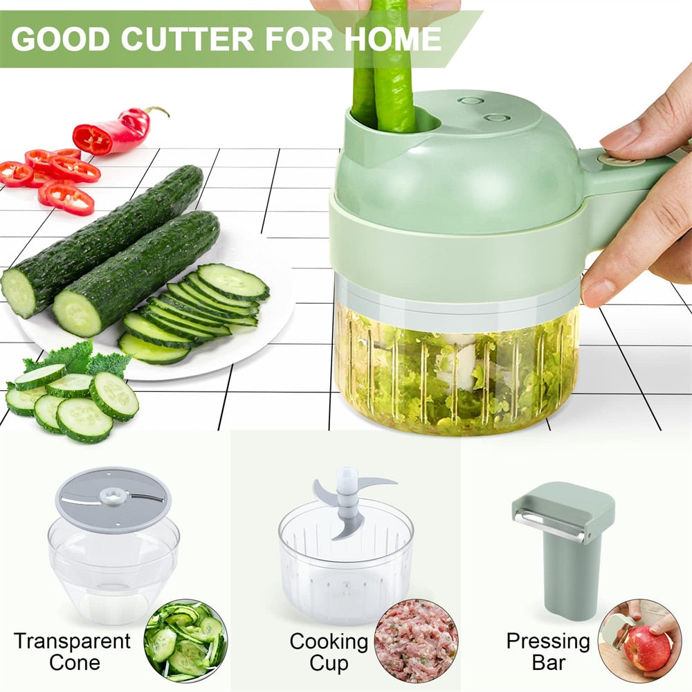 Vegetable chopper with various components and sliced vegetables on a kitchen counter.
