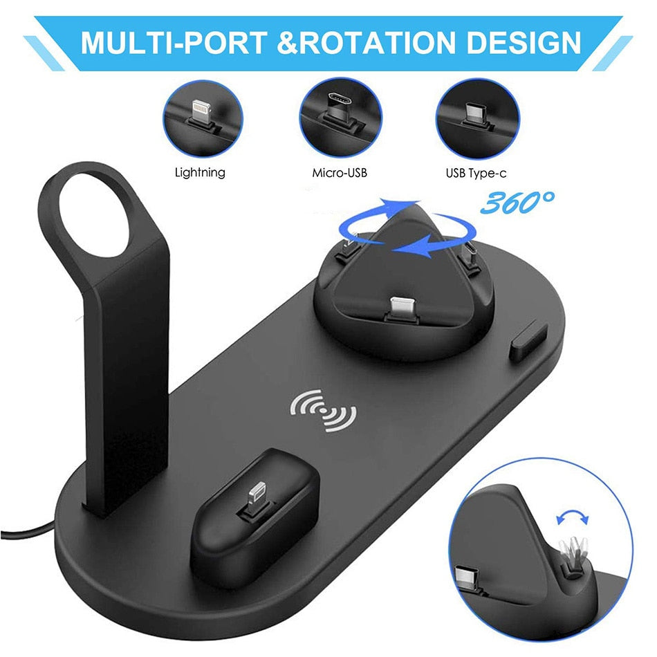 Black multi-port charging station with 360-degree rotation on a white background