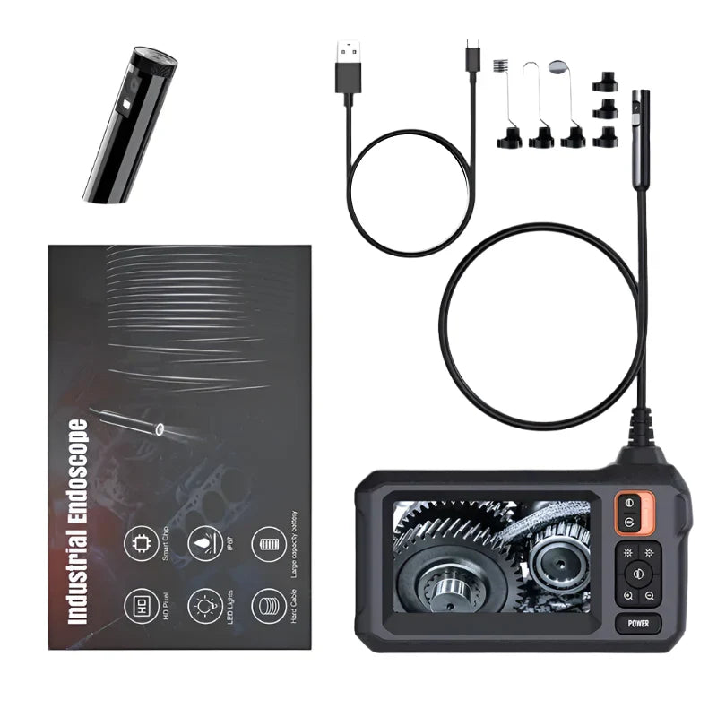 Industrial endoscope set with camera, cables, and packaging on a white background