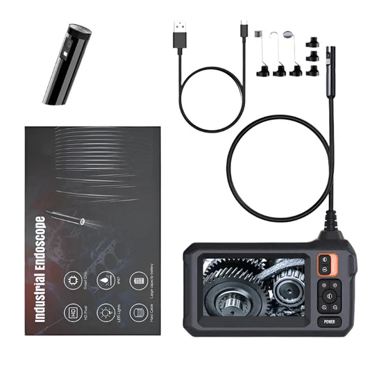 Industrial endoscope set with camera, cables, and packaging on a white background