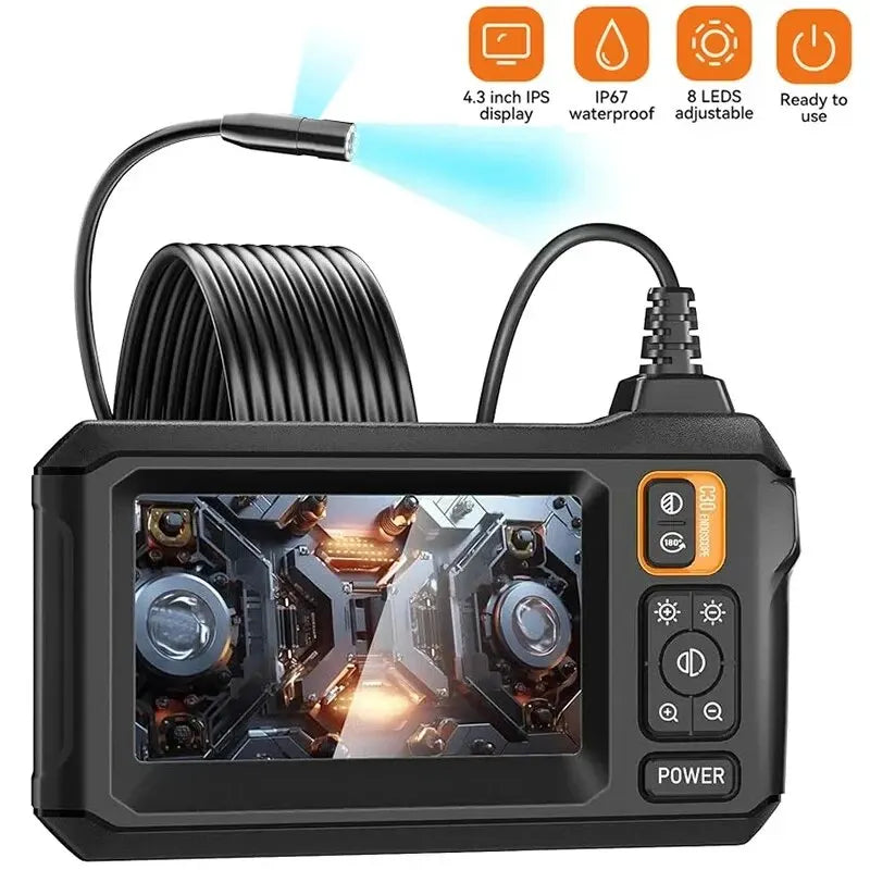Industrial endoscope with display and control buttons on a white background