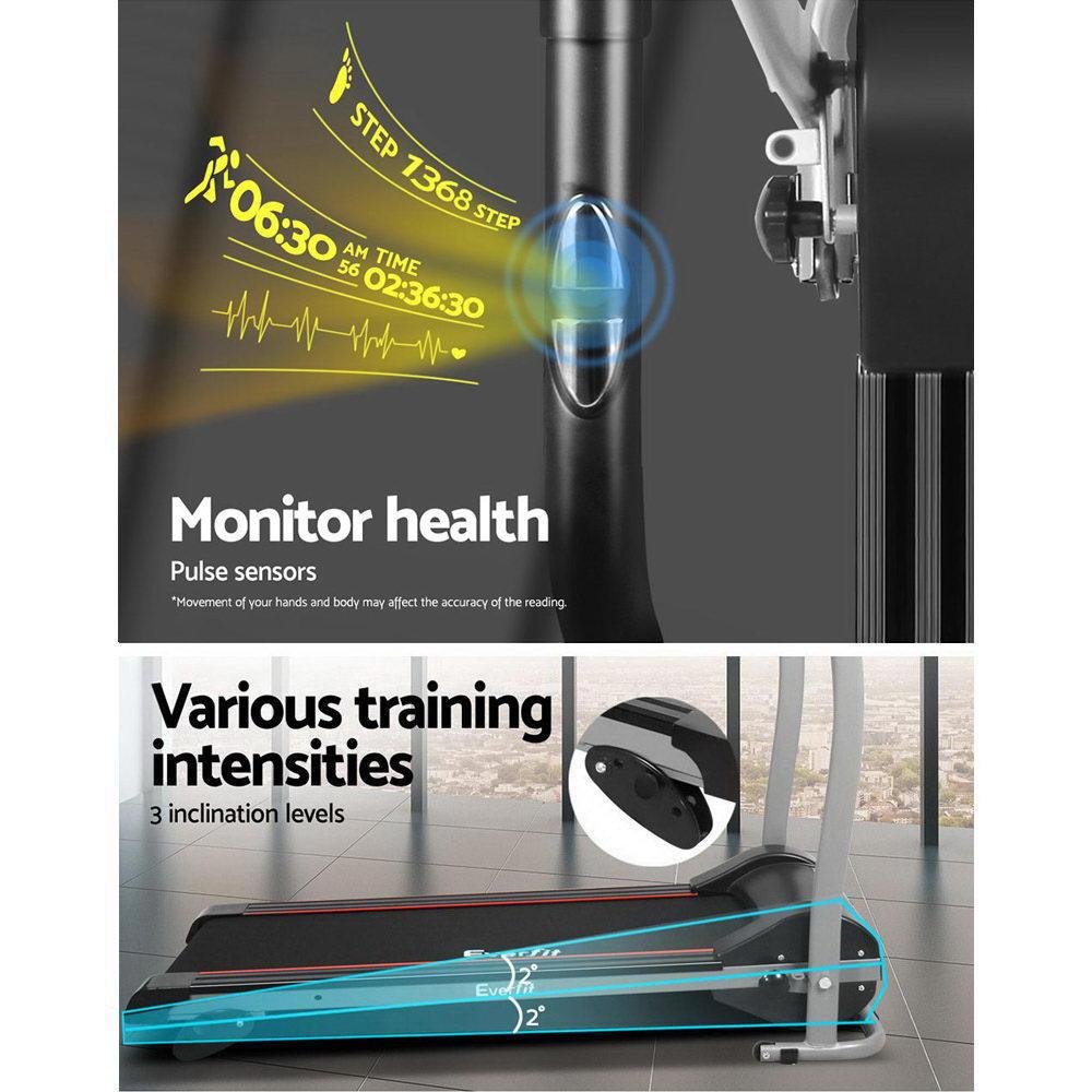 Treadmill with health monitoring features and incline levels on a gray background