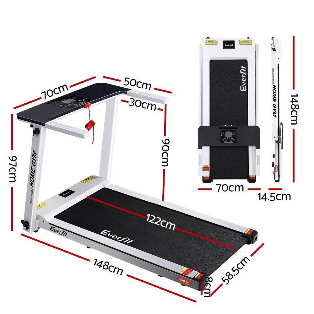 Everfit treadmill with dimensions labeled on a white background