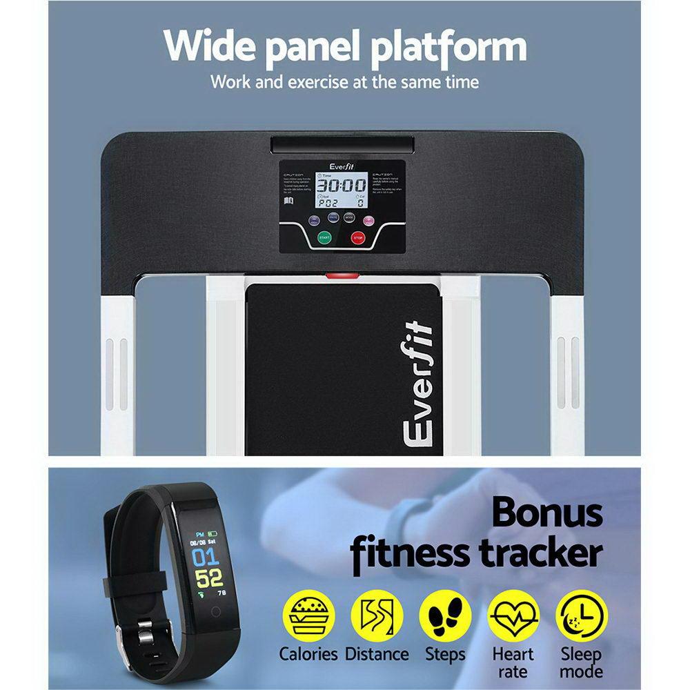 Everfit treadmill with digital display and bonus fitness tracker on a blue background