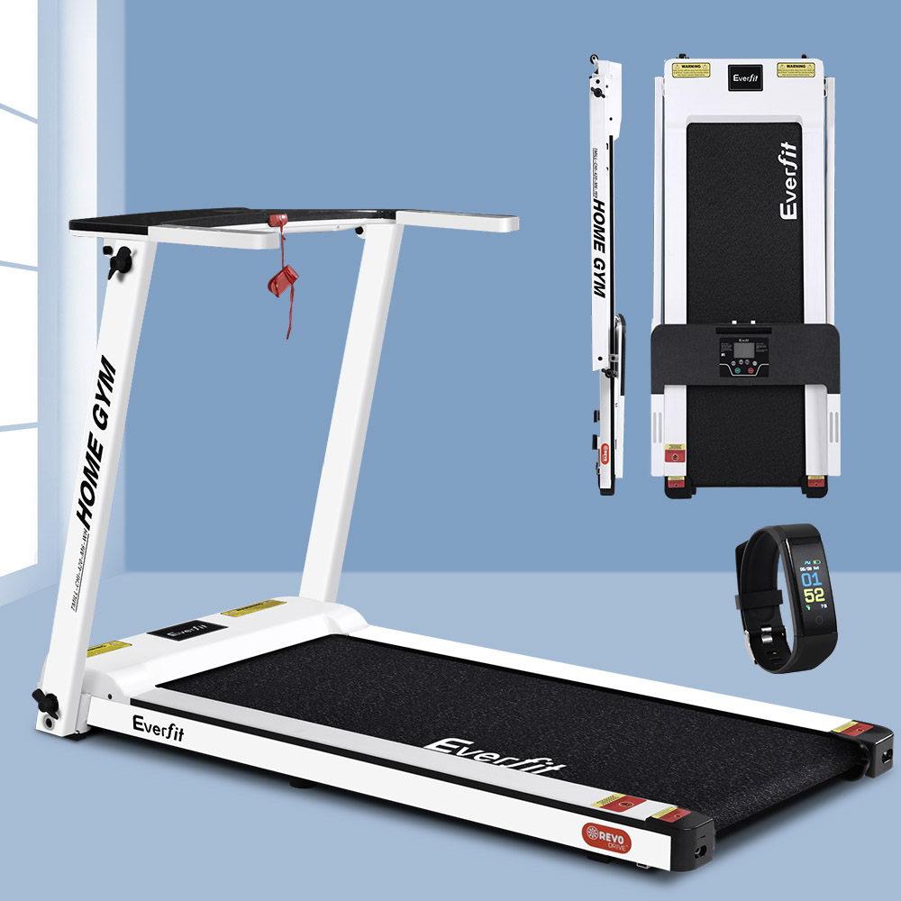Everfit treadmill with accessories on a light blue background