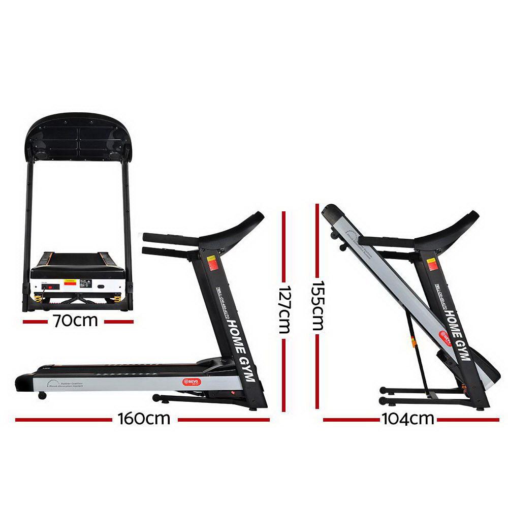 Dimensions of a home gym setup with treadmill and weight bench on a white background