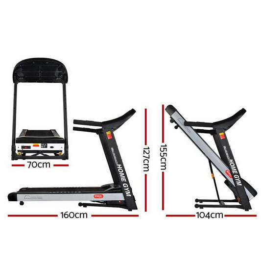 Dimensions of a home gym setup with treadmill and weight bench on a white background