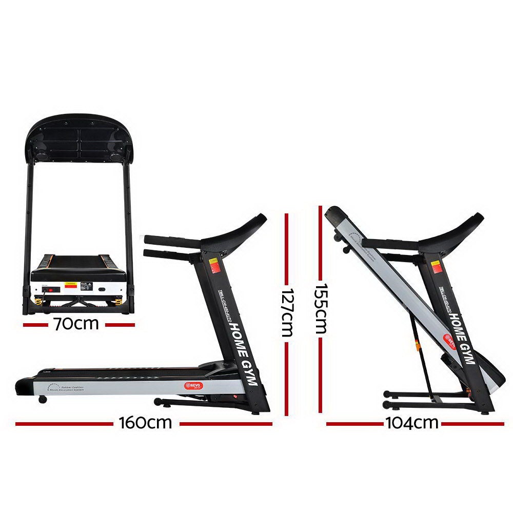 Dimensions of a home gym setup with treadmill and weight bench on a white background
