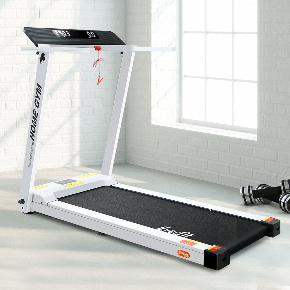 Treadmill with Everfit branding on a white floor and light gray wall background